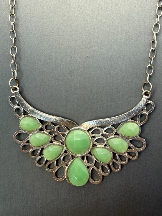 Source Unknown Jewelry - Mint Green Statement Necklace Bib Openwork Silver Tone